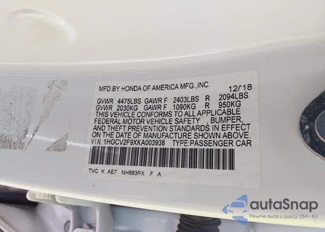 2019 Honda Accord Touring 2.0T from USA, damaged, VIN 1HGCV2F9XKA003938